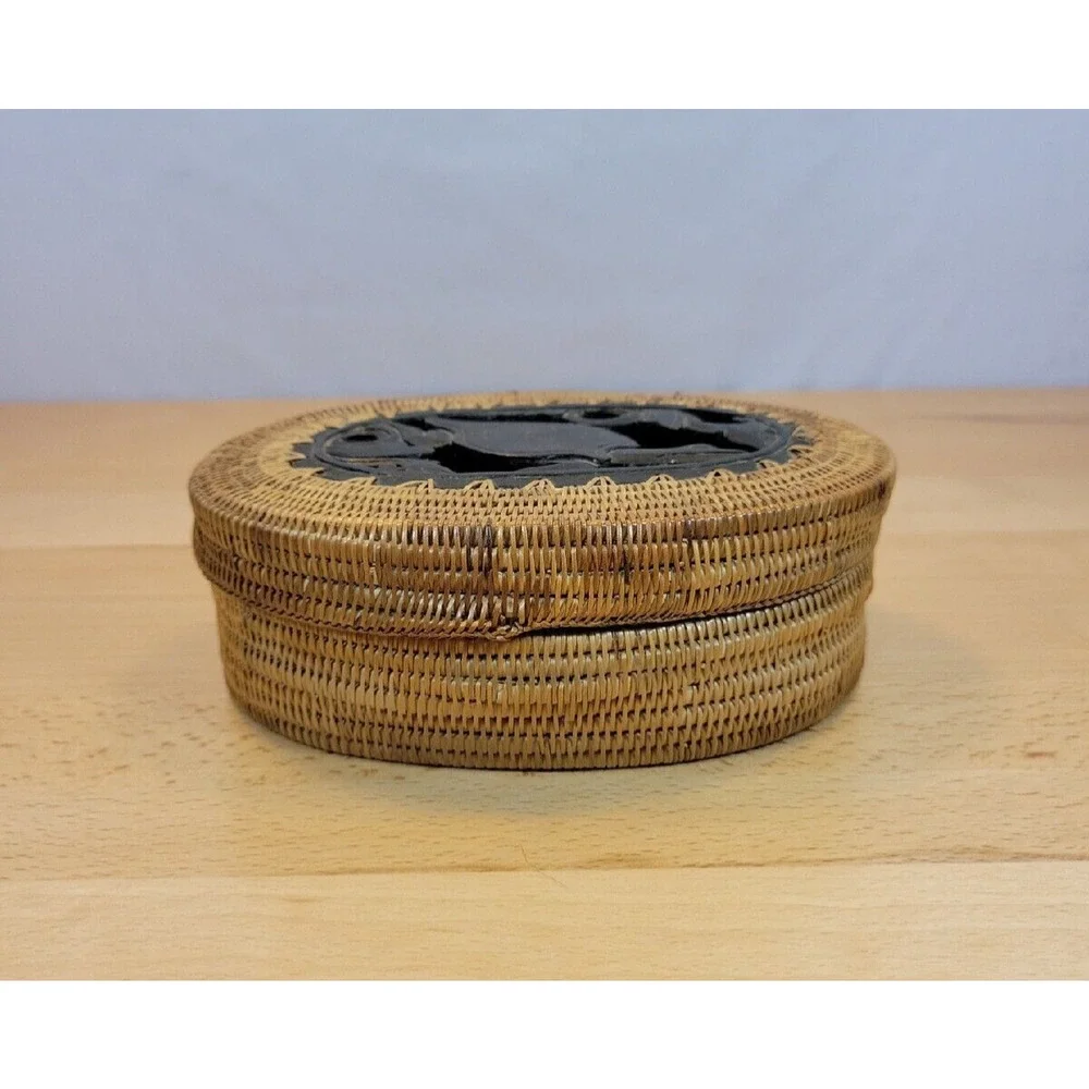 Turtle Carved Wooden Woven Rattan Basket with Lid Wood Base Trinket Box 6.5”